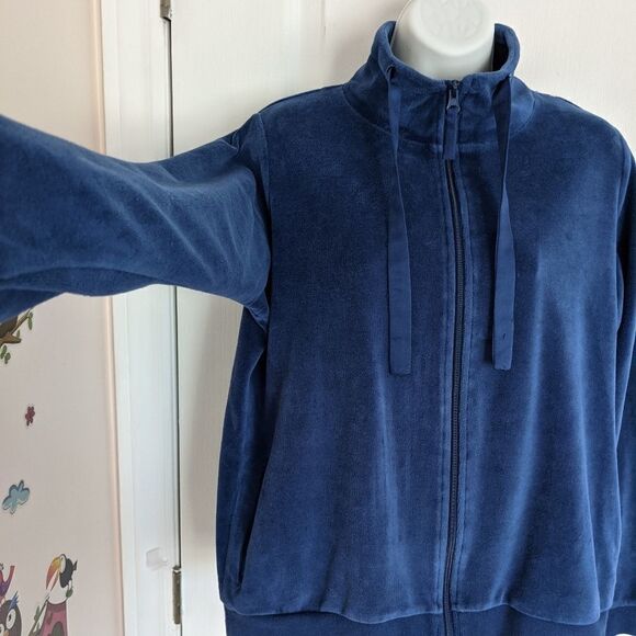 GALEREES LAFAYETTE Blue velour velvet zip up Y2K  shirt pull size L @P - Picture 2 of 11